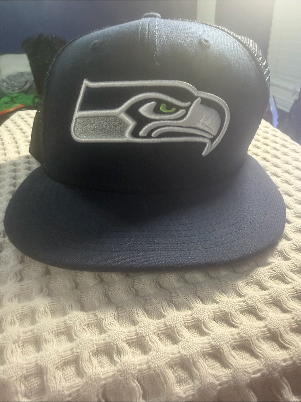 Fanatics Navy Blue Trucker Hat with Silver & Green Seahawks Logo